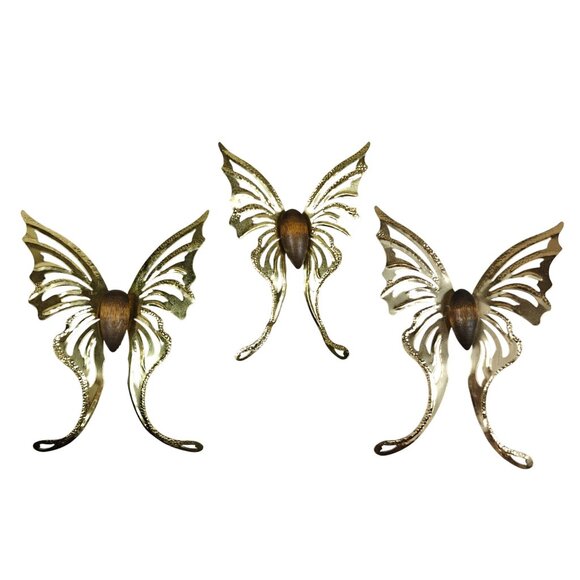 Vintage Home Interiors Brass & Wood Swallowtail Butterflies Wall Decor Set of 3 - Picture 1 of 6